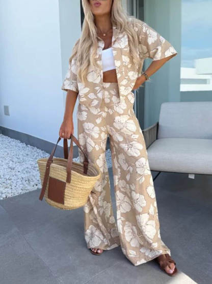 Modern Casual Satin Floral Print High Waist Pocket Wide Leg Pants