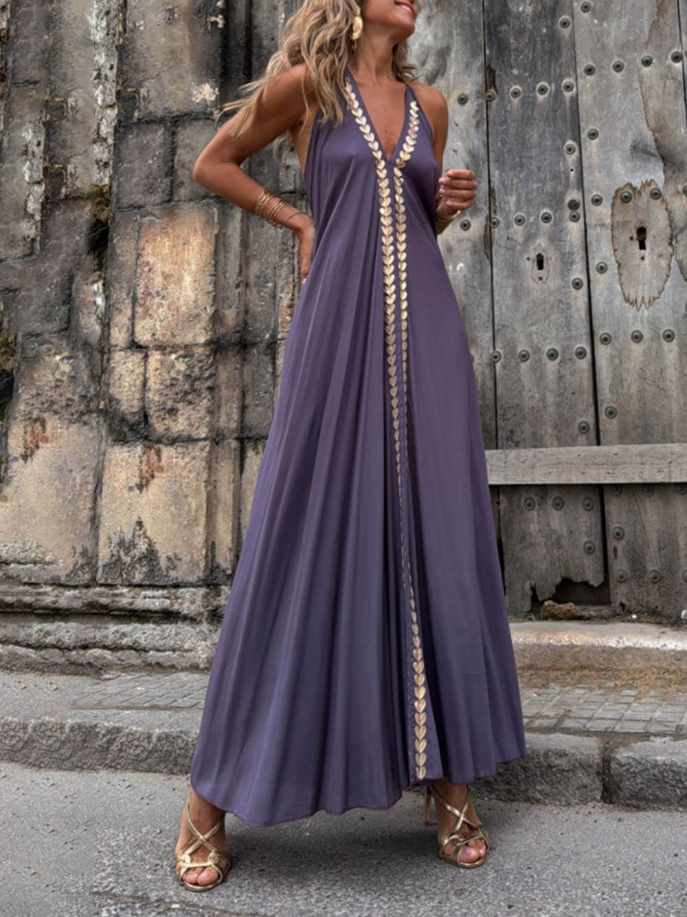Exquisite And Unique Gold Trim Stitching Open Back Lace Up V-Neck Maxi Dress