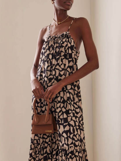 Fashionable Design Printed Backless Holiday Style Suspender Maxi Dress