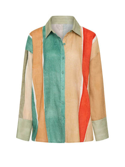 Classic Unique Linen Wide Stripe Print Long Sleeve Button Down Oversized Shirt