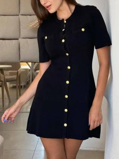 Delicate Short Sleeve Button Knit Mini Dress