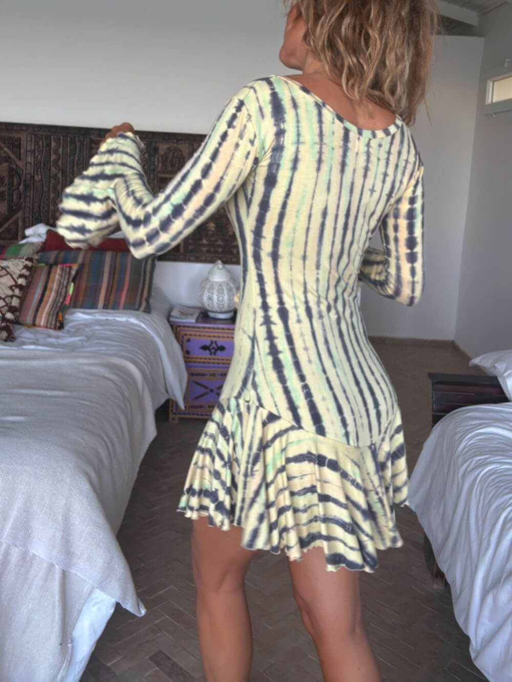 Unique Tie-Dye Printed Stretch Long Sleeves Ruffled Mini Dress