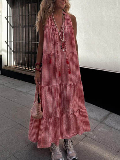 Modern Striped Print Basket Pleated Hem Maxi Dress