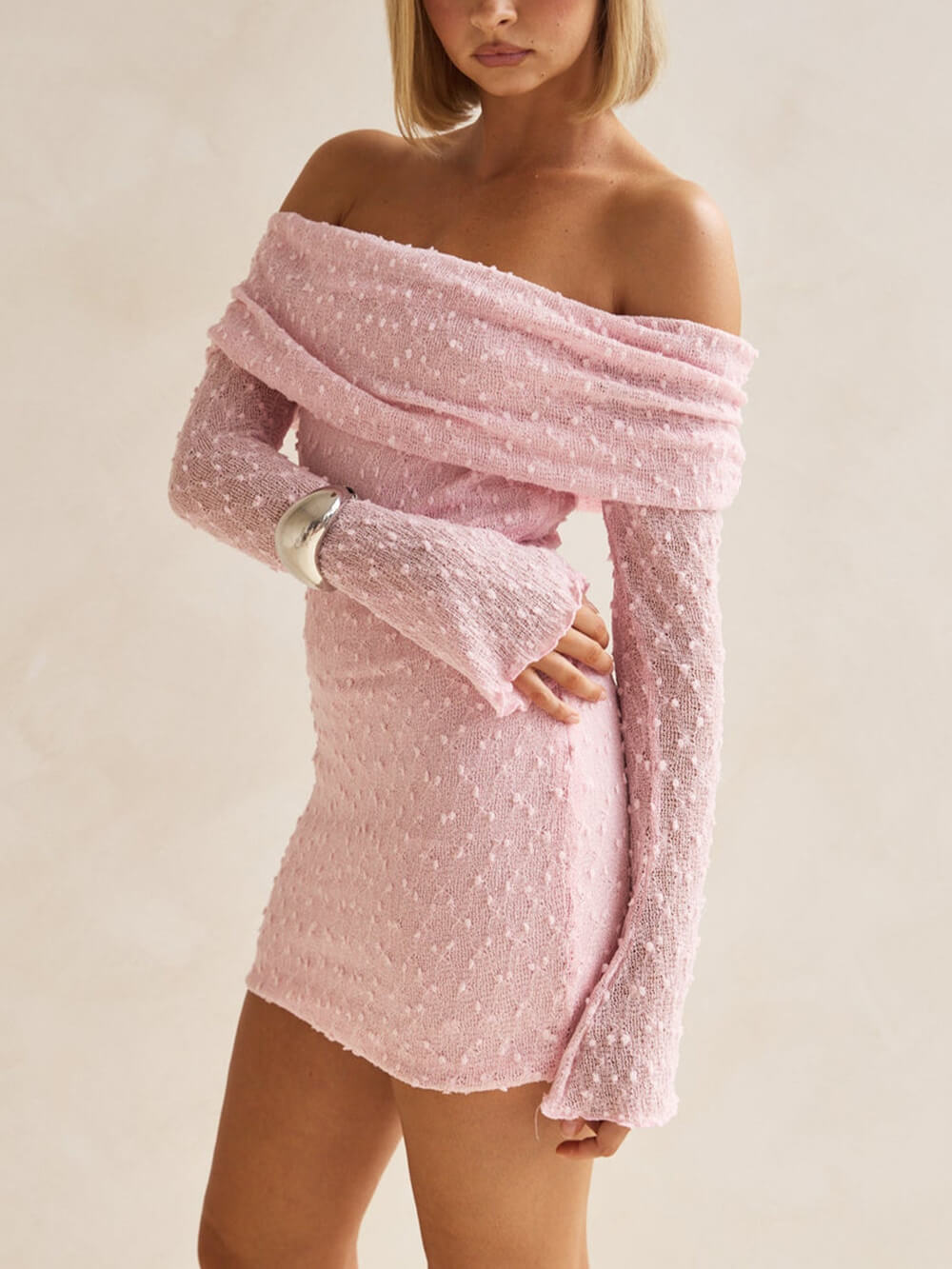 Summer Boucle Knit Off-The-Shoulder Neckline Prom Mini Dress