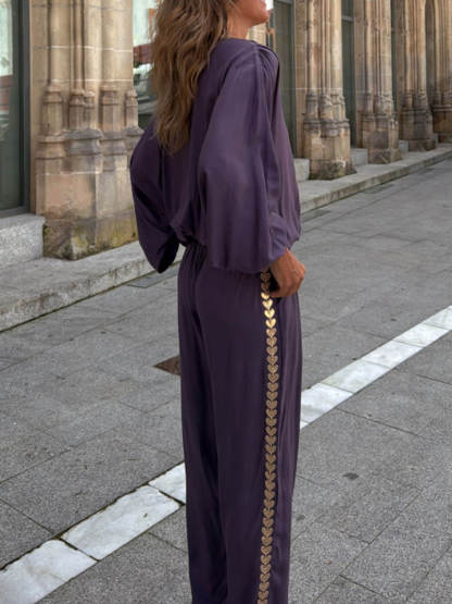 Modern Feel Unique Gold Trim Stitching Elastic Waistband Pocket Straight Pants