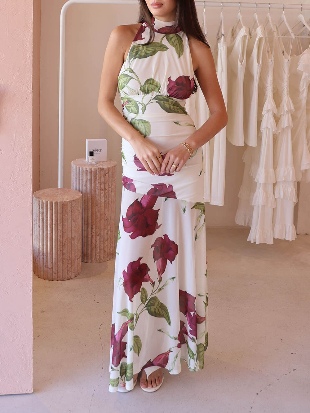 Elegant Bordeaux Floral Print Maxi Dress