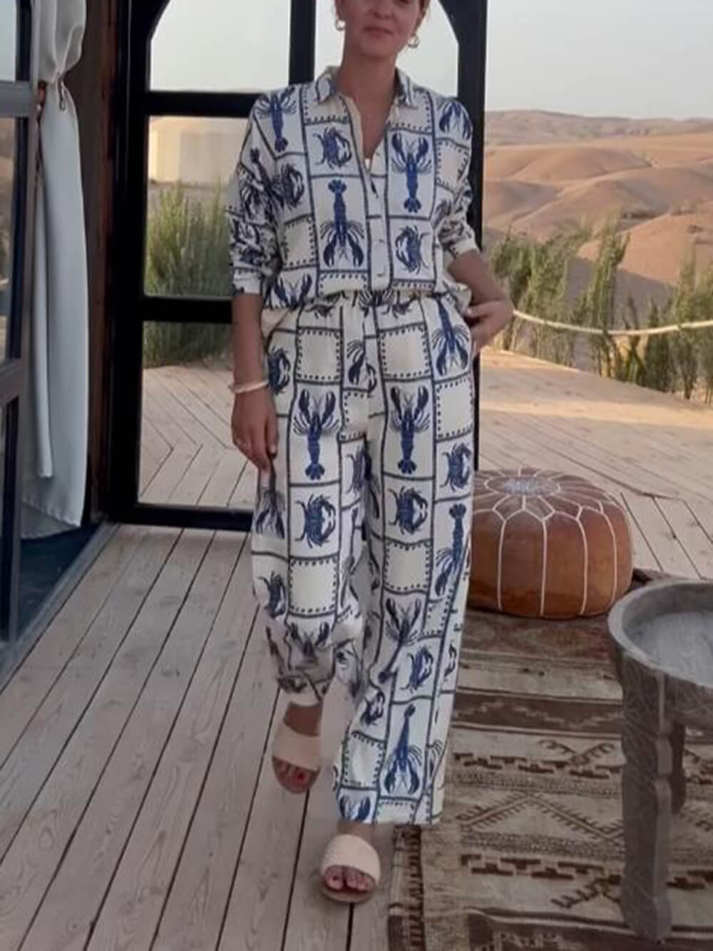 Unique Fun Lobster Pattern Printed Elastic Wide-Leg Pants