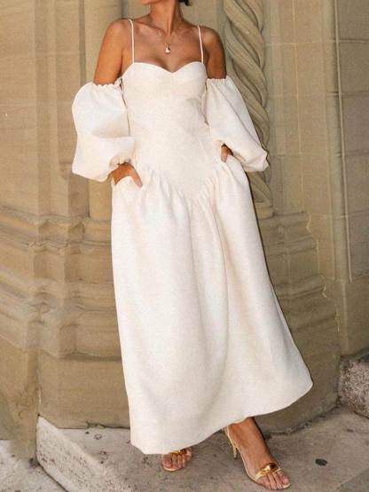 Elegant Solid Color Suspender Puff Sleeve Evening Dress
