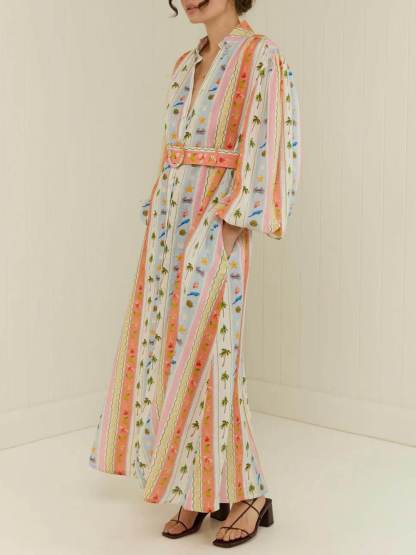 Unique Personalized Printed Casual Linen Cardigan Maxi Dress