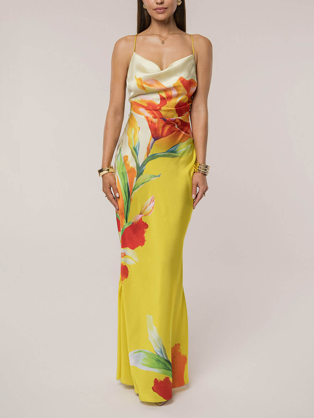 Elegant Satin Floral Print Cowl Neck Sexy Open Back Tie-up Maxi Dress
