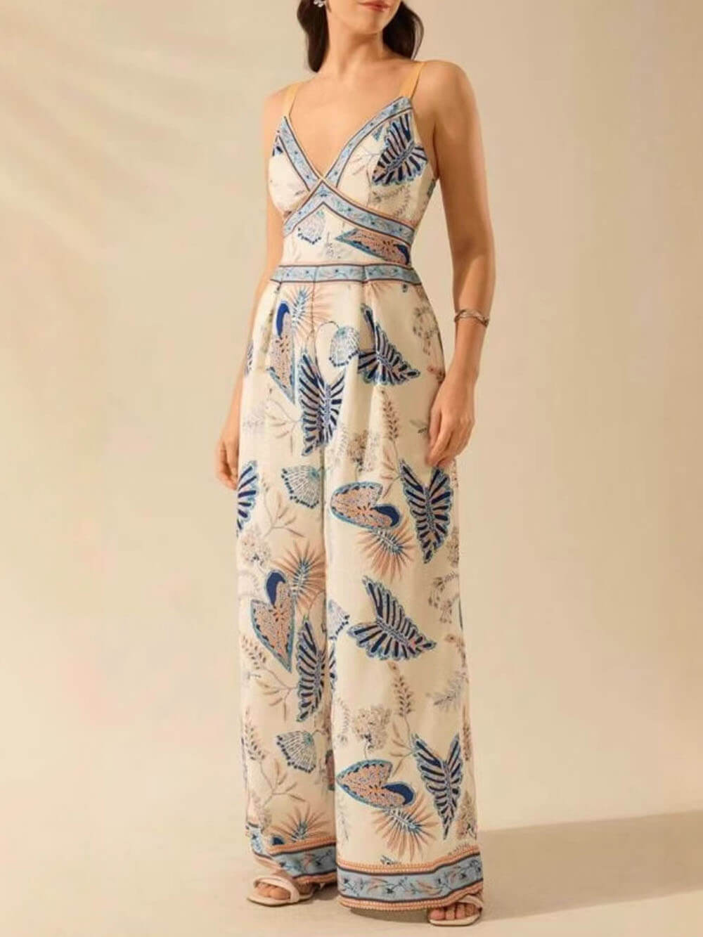 Bohemian Style Plant Print Casual Sling Holiday Loose Jumpsuit