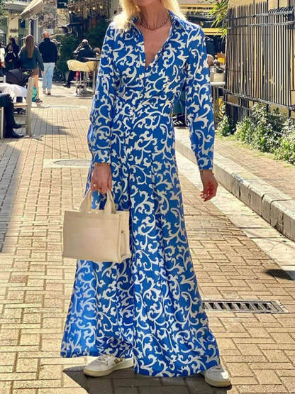 Fashion Print Lapel Waist Midi Dress