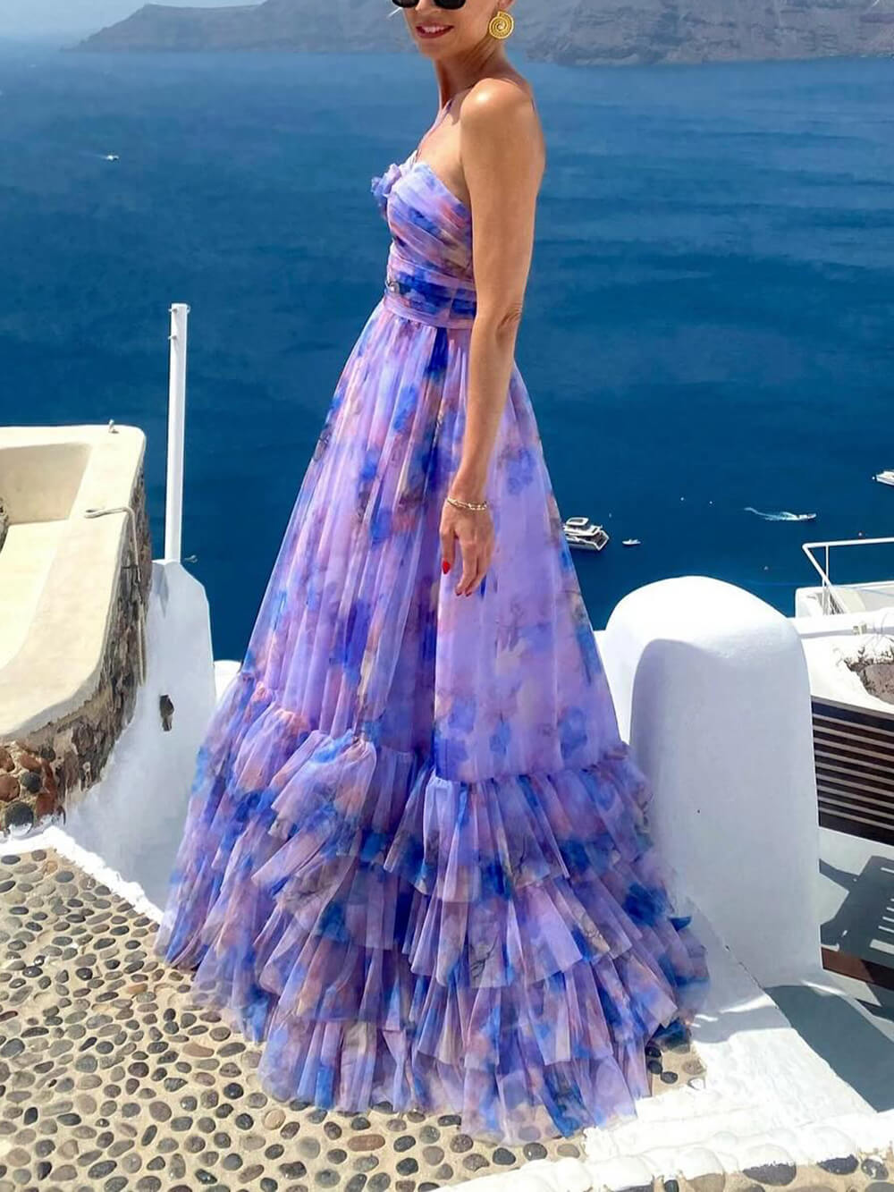 Elegant Floral Print Chiffon Layered Halter Maxi Dress