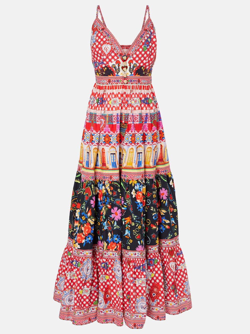 Unique Tiered Crystal-Embellished Printed Maxi Dress