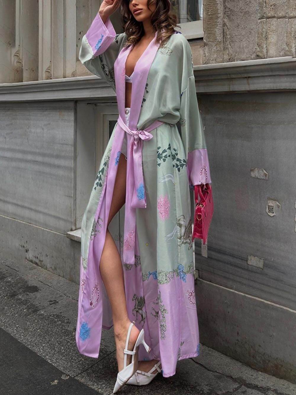 Relaxed Holiday Loose Long-Sleeved Satin Robe Dress