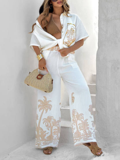 Unique Coconut Palm Print Linen Blend Oversized Shirt