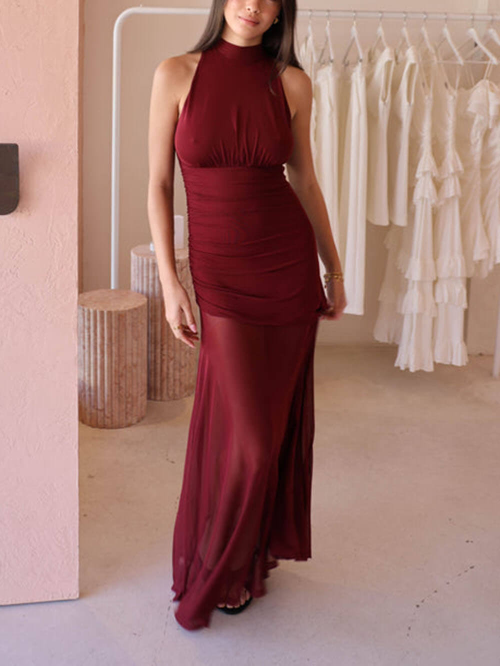 Fresh Style Mesh Paneled Pleated Bow Tie Maxi Dress