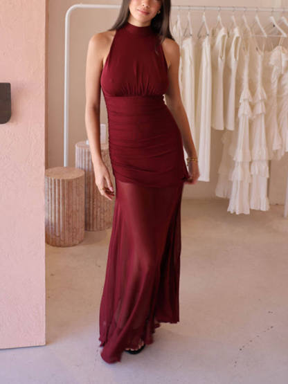 Fresh Style Mesh Paneled Pleated Bow Tie Maxi Dress
