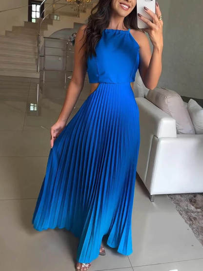 Exquisite Sleeveless Pleated Open Back Ombre Printed Maxi Dress