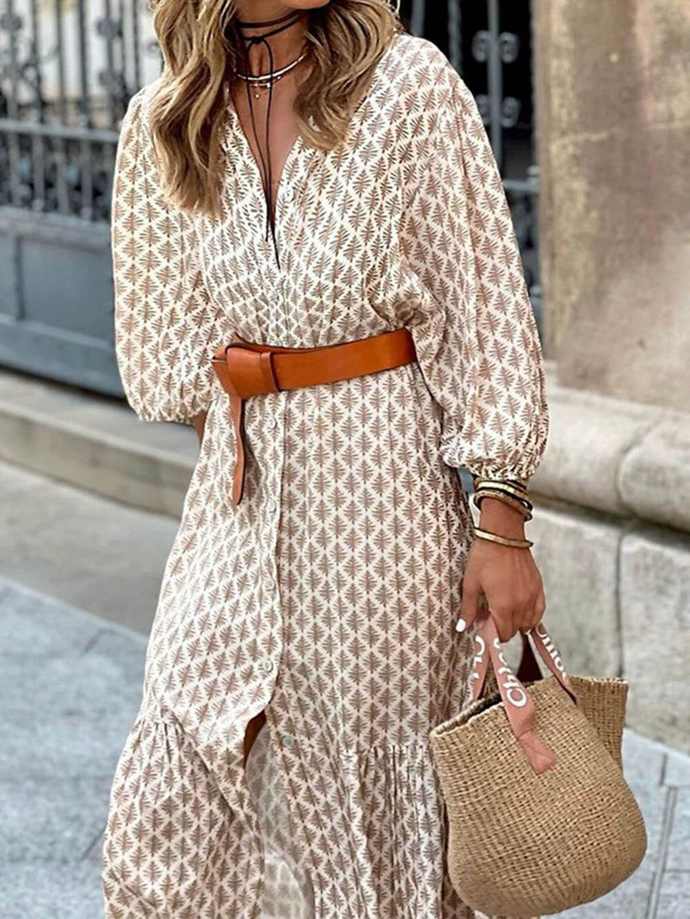 Unique Pattern Print V-Neck Simple Belt Midi Dress
