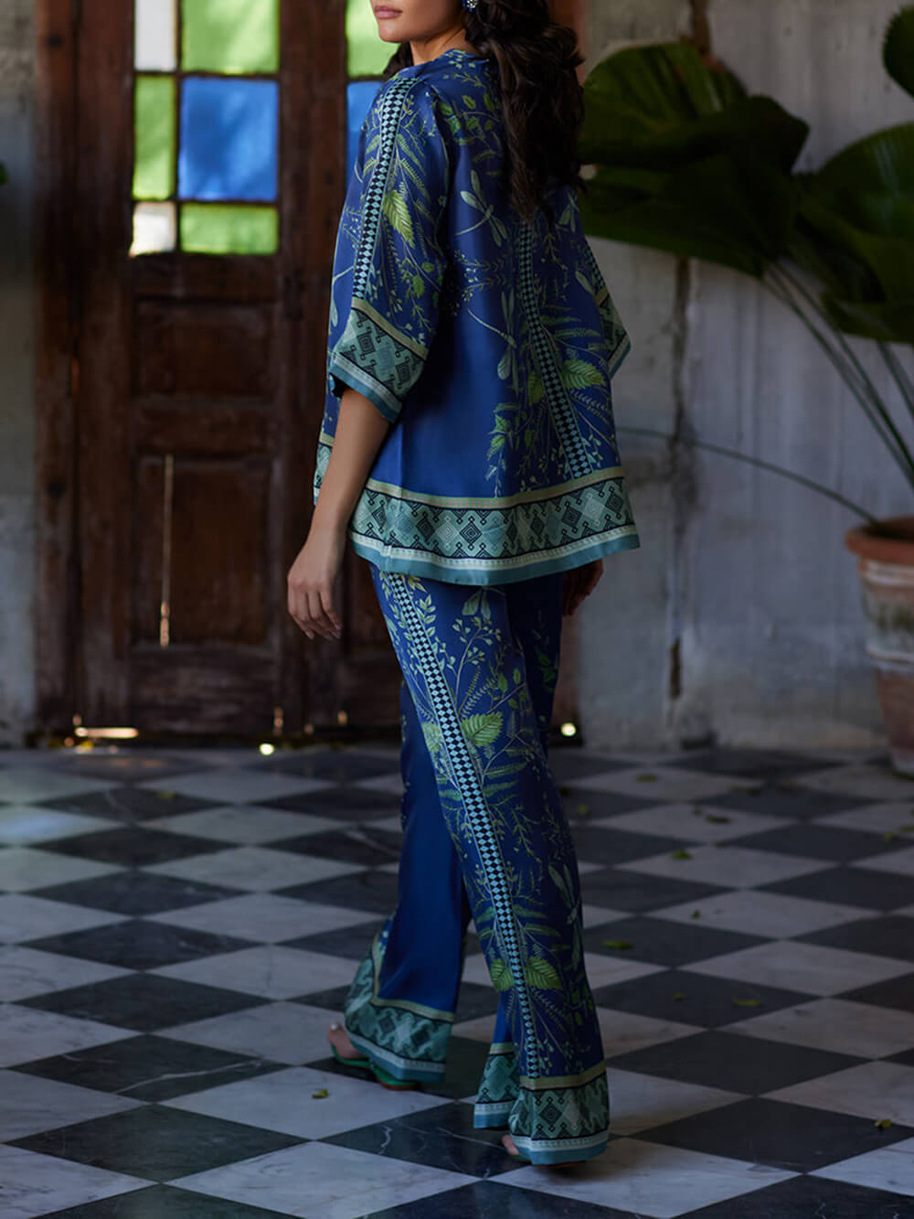 Ocean Elegance Botanical Print Elastic Waist Loose Wide Leg Pants