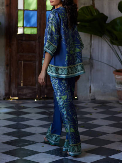 Ocean Elegance Botanical Print Elastic Waist Loose Wide Leg Pants