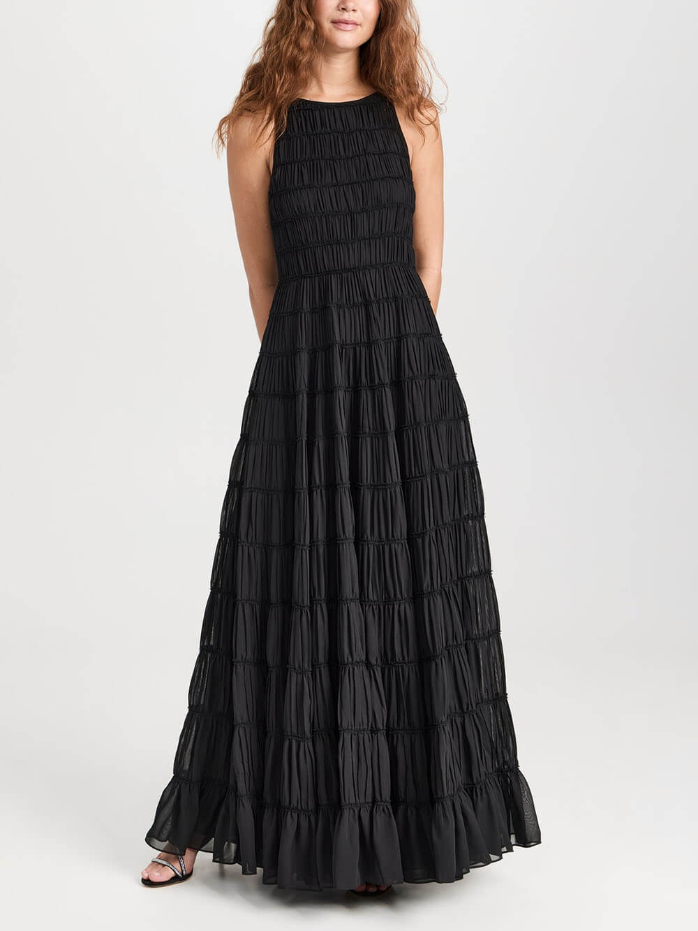 Elegant Texture Rosewood Pleated Stitching A-line Maxi Dress