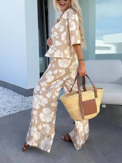 Modern Casual Satin Floral Print High Waist Pocket Wide Leg Pants