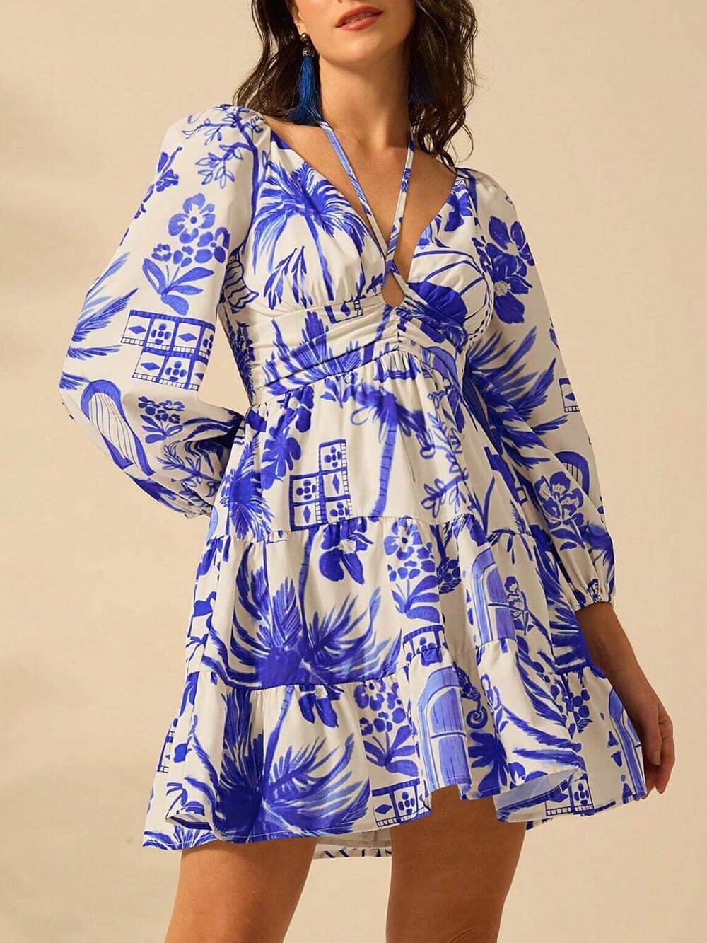 Fashionable And Versatile Flower Bouquet Print Lantern Sleeve Tie Dress