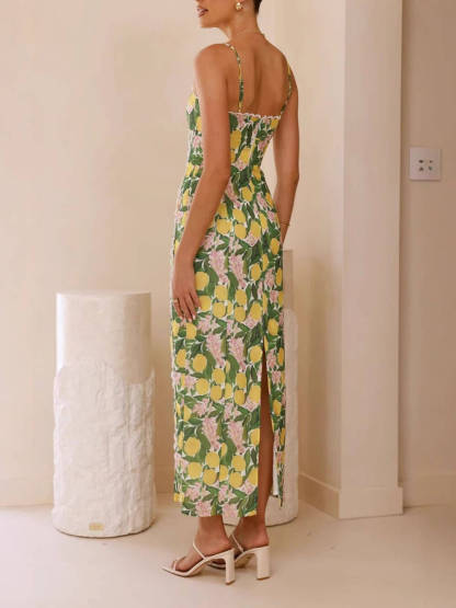 Sexy Linen Suspender Lace Slit Maxi Dress