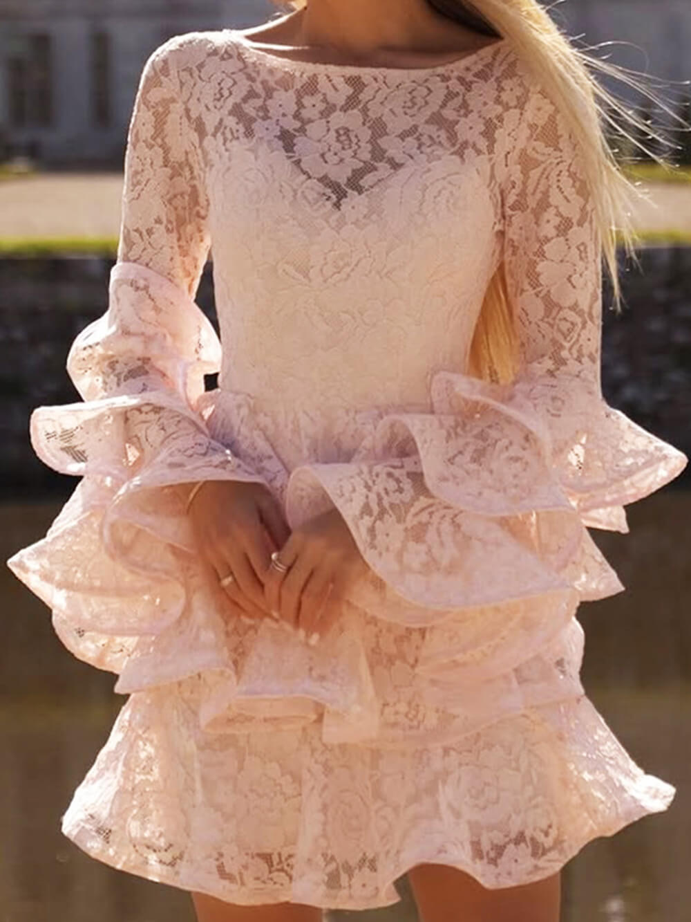 Sweet Lace Hollow Layered Ruffle Slim Mini Dress