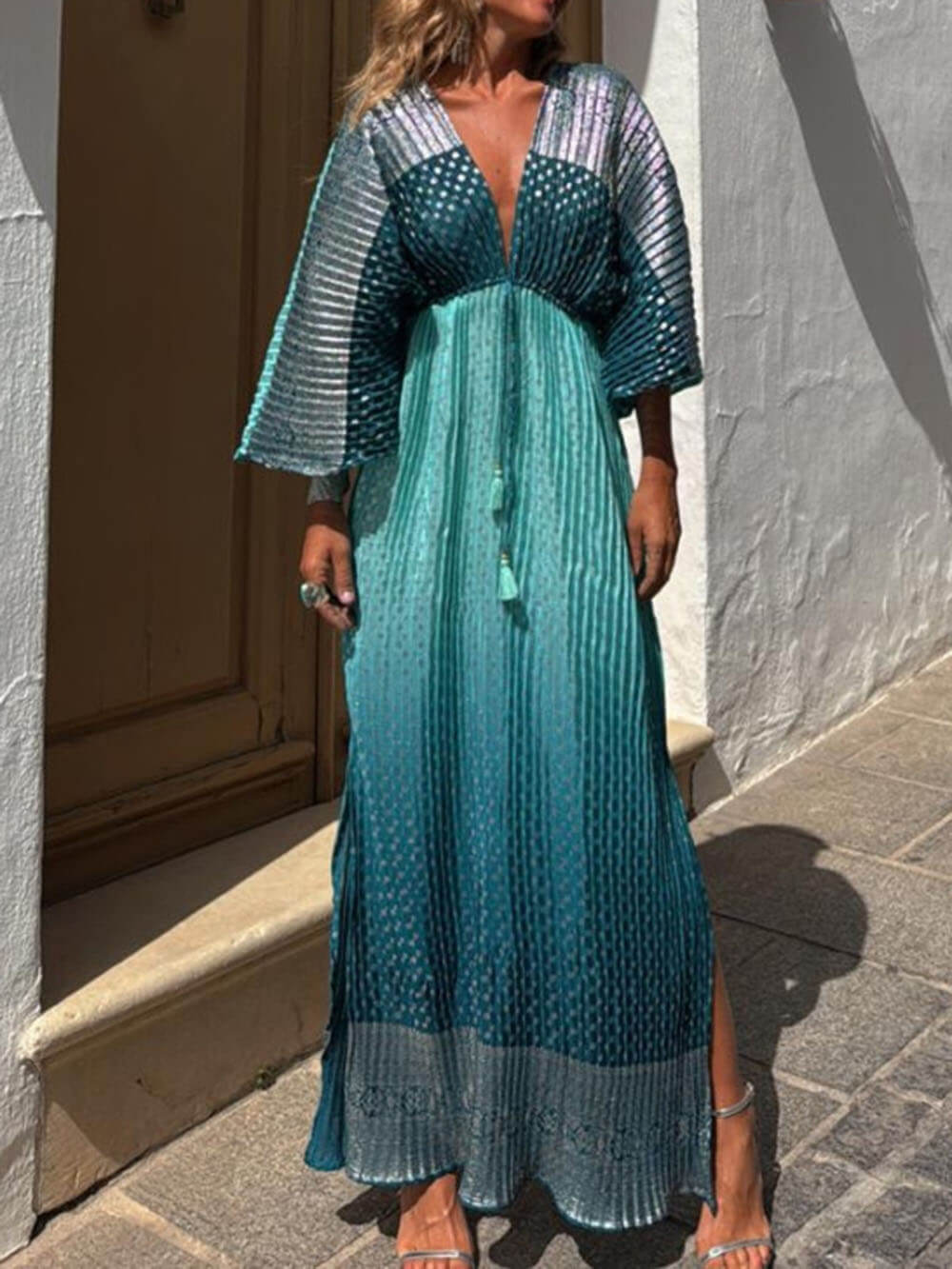 Unique Contrast Print Pleated Waist Elastic Maxi Dress