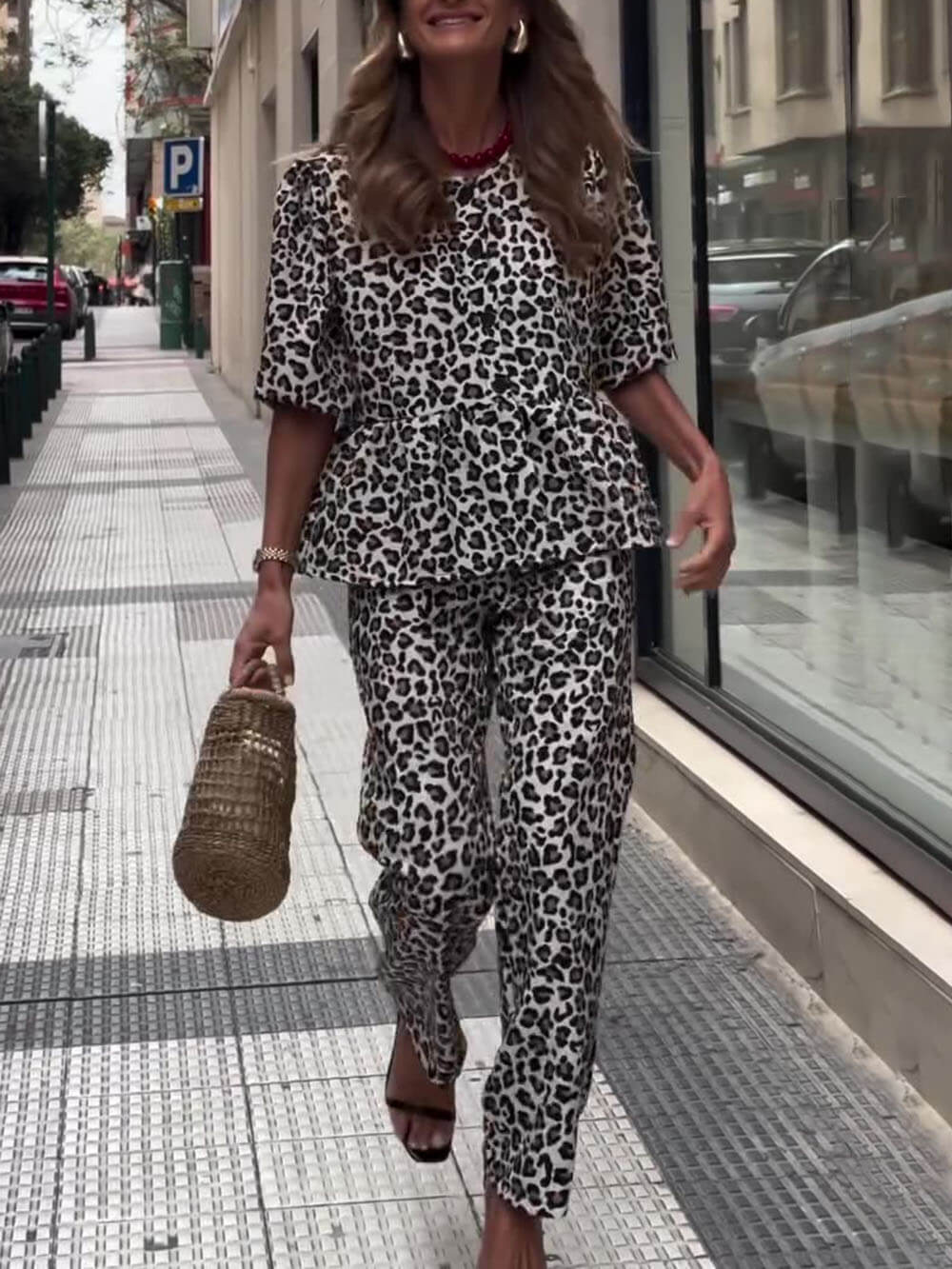 Casual Leopard Print Top And Pants Set