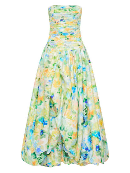 Elegant Tube Top Violette Printed Bubble Hem Maxi Dress