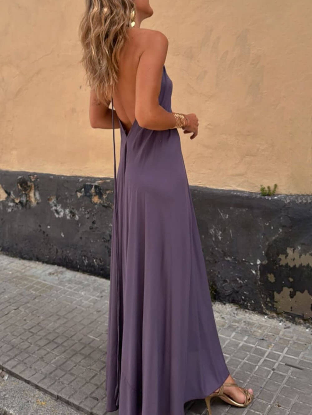 Exquisite And Unique Gold Trim Stitching Open Back Lace Up V-Neck Maxi Dress