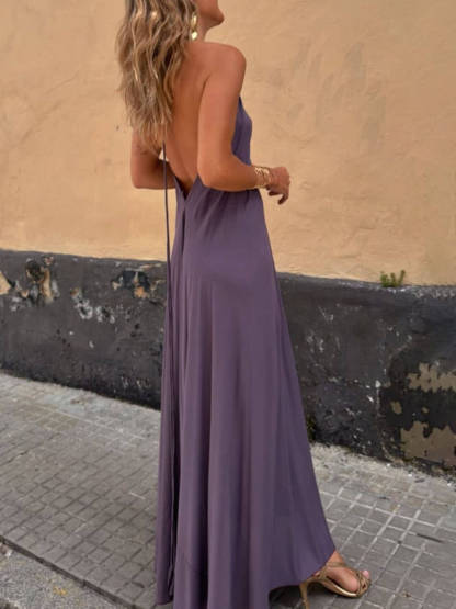 Exquisite And Unique Gold Trim Stitching Open Back Lace Up V-Neck Maxi Dress