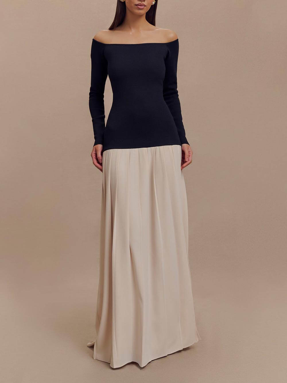 Elegant Two-Tone Stitching Slit Off-Shoulder Maxi Dress