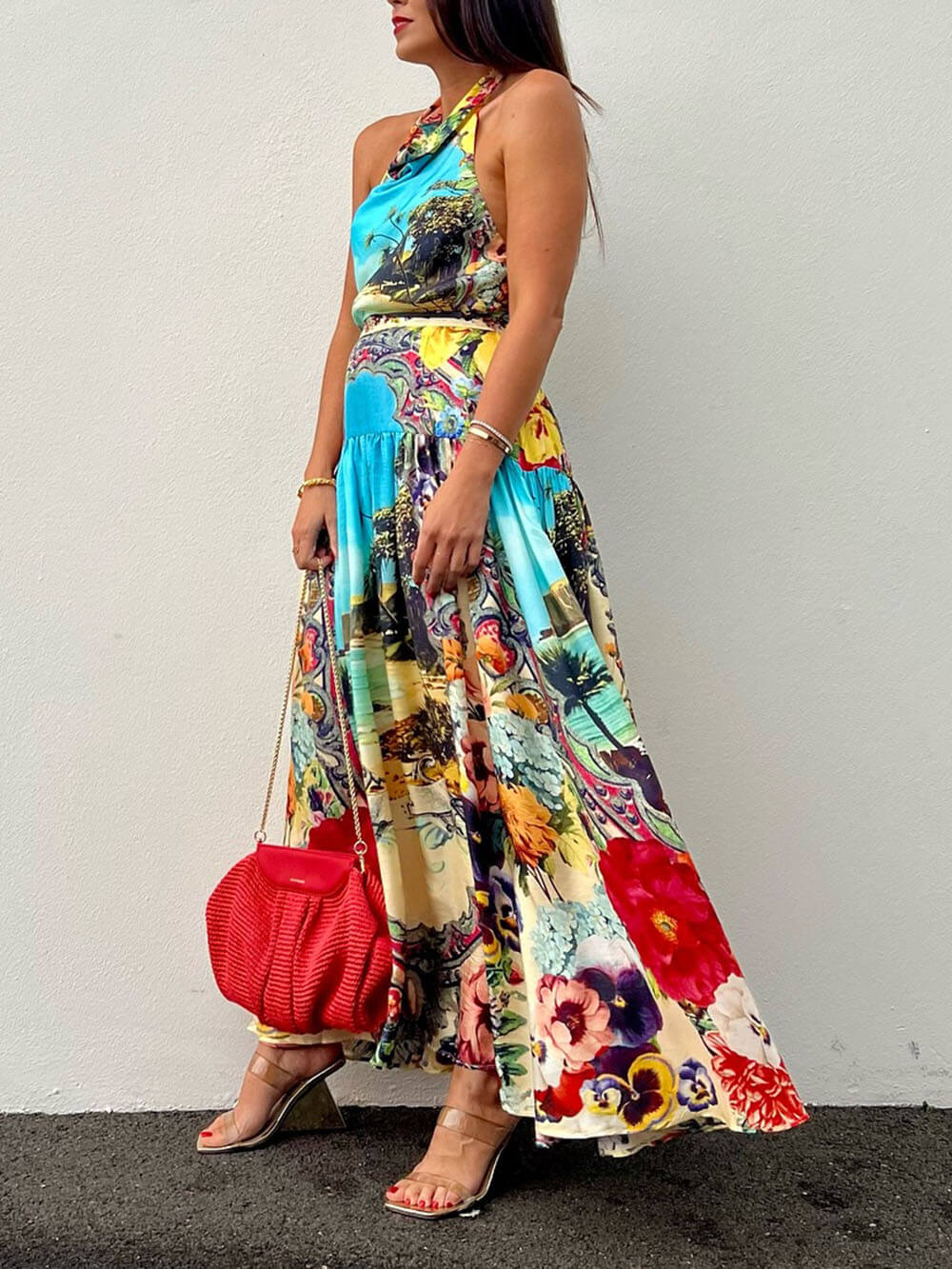 Vibrant Floral Print Draped Lace-Up Sleeveless Scarf Top