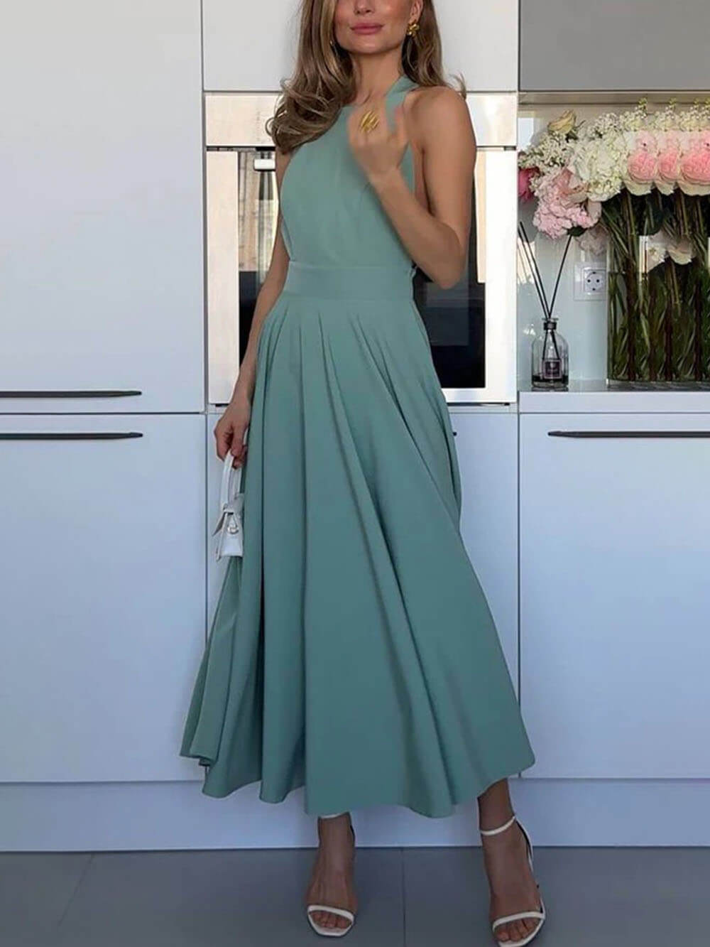 Elegant Square Collar Back Tie-up Umbrella Hem Midi Drerss