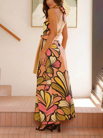 Elegant Floral Print Twist Neck Linen Halter Maxi Dress