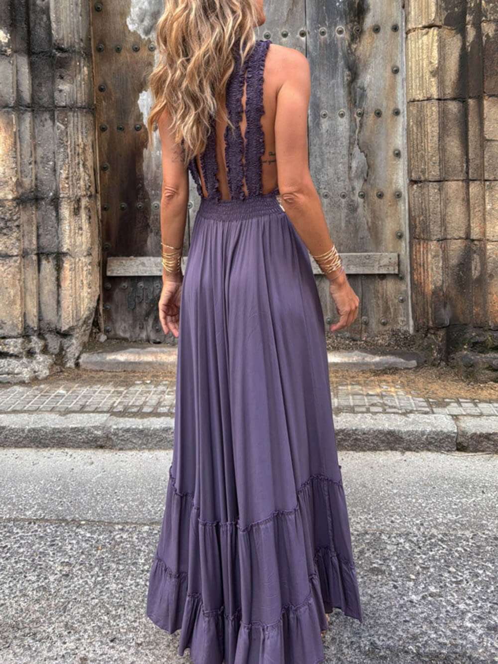 Unique Modern Open Back Honeycomb Straps Gold Trim At The Waist A-Line Maxi Dress