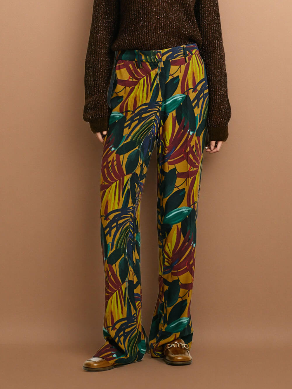 Retro Unique Colorful Palm Leaf Oil Painting Print Zippered Pocket Straight Pants