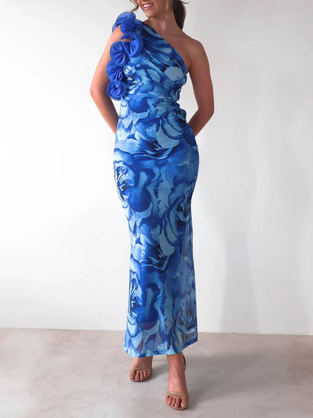 Sexy Elegant Sleeveless Three-Dimensional Flower Print Slim-Fitting Party Dress