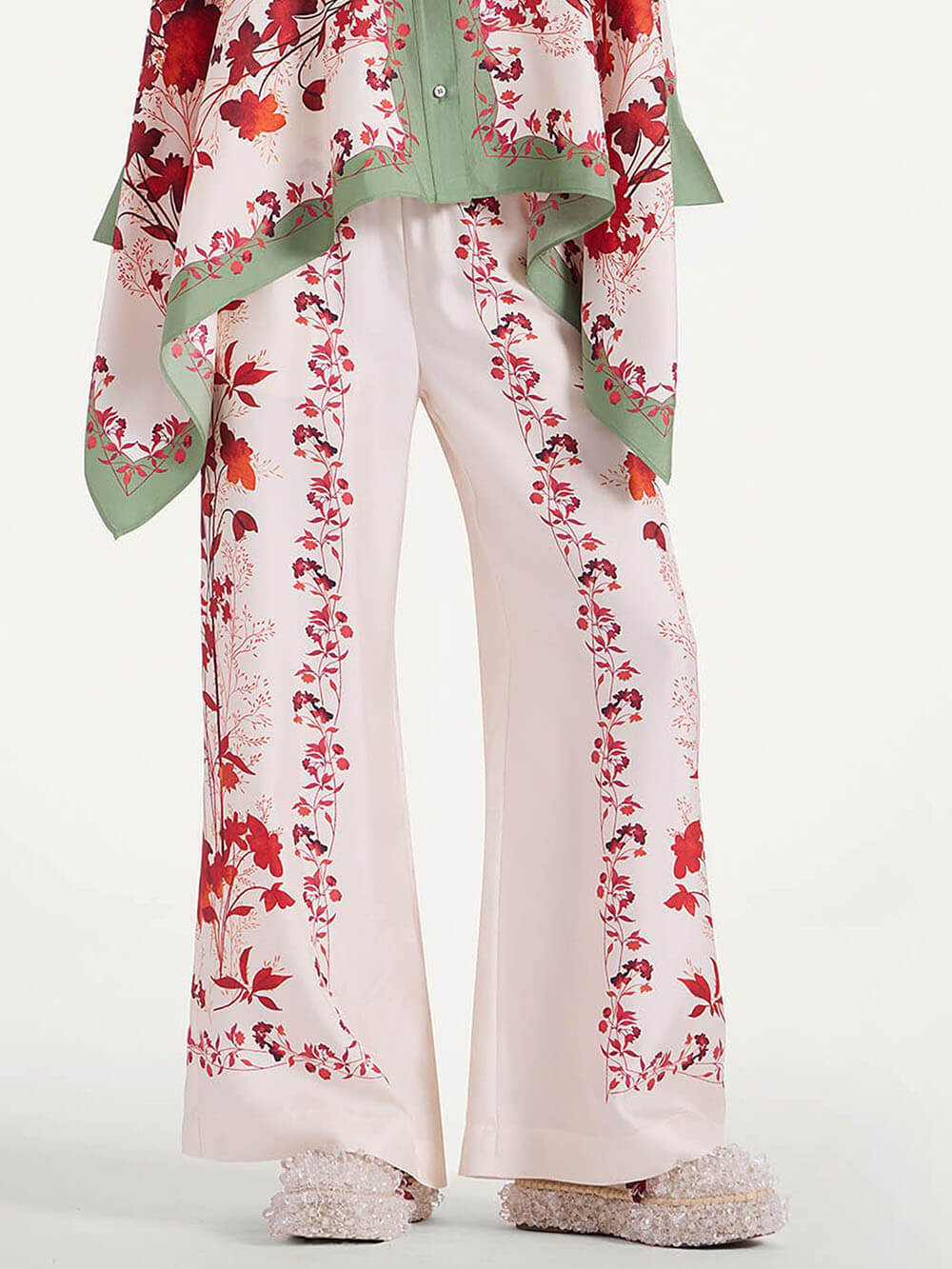 Classic Contrast Color Stitching Floral Print Loose Elastic Waist Pocket Wide Leg Pants