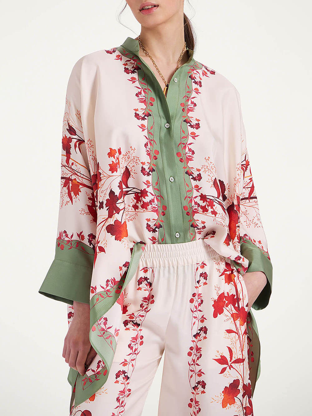 Classic Contrast Color Stitching Floral Print Loose Button Down Oversized Blouse