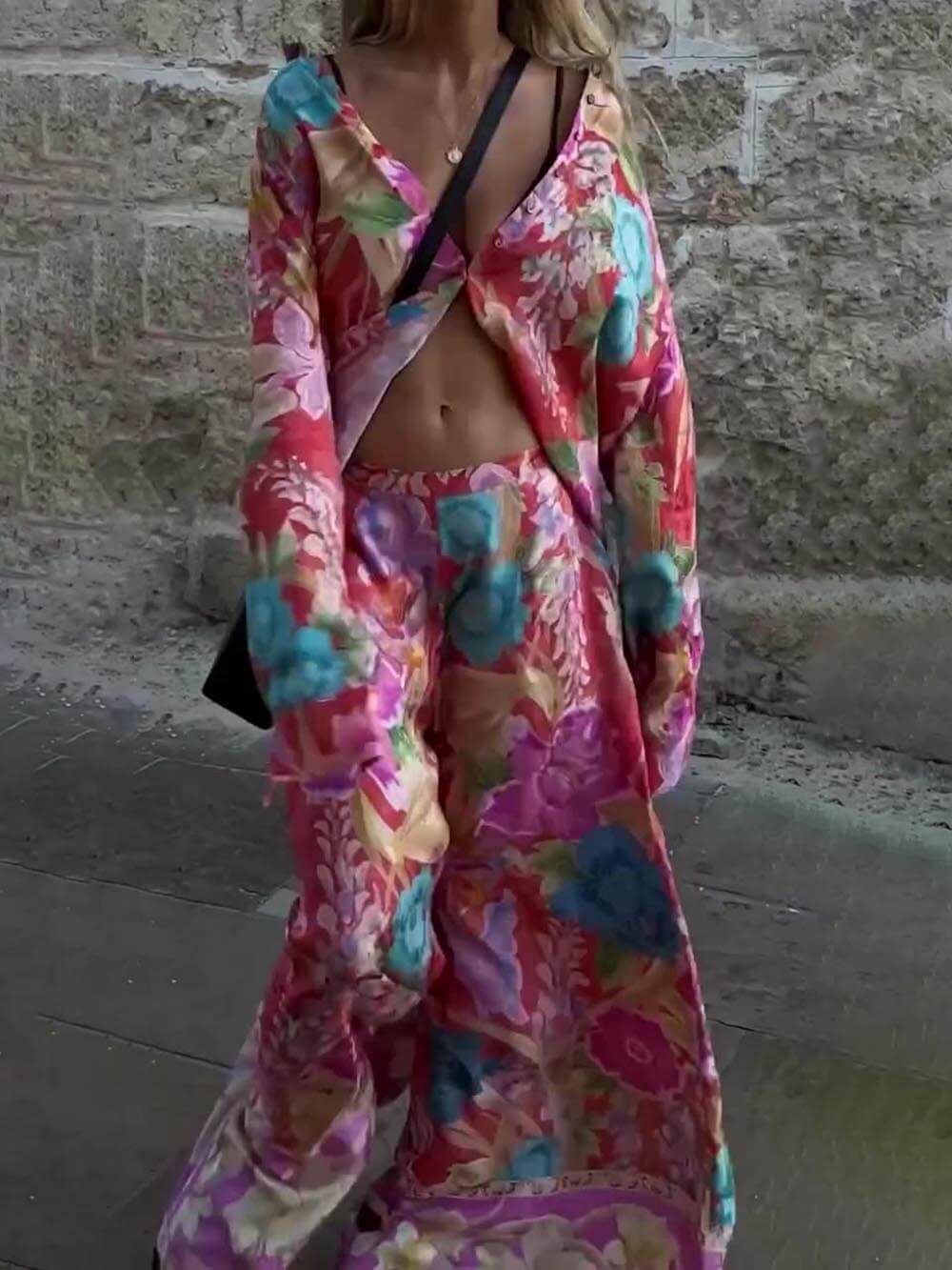 Satin Unique Casual Floral Print Elastic Waistband Pocket Wide Leg Pants