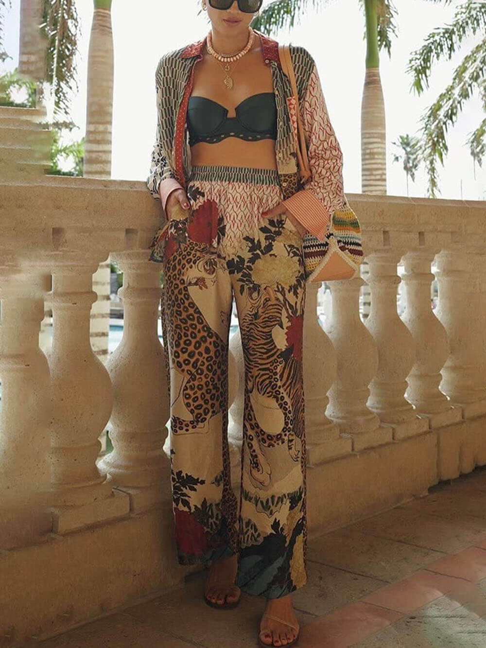 Unique Tropical Jungle Tiger Print Elastic Waist Pants