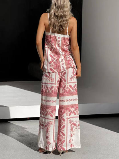 Modern Unique Floral Print High Waist Pocket Wide Leg Pants