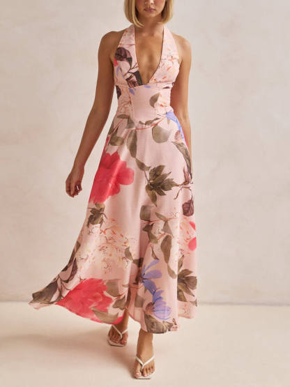 Retro Terez Linen Floral Print Halter Backless Tie-Up Maxi Dress