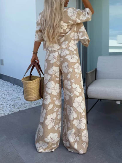 Modern Casual Satin Floral Print High Waist Pocket Wide Leg Pants